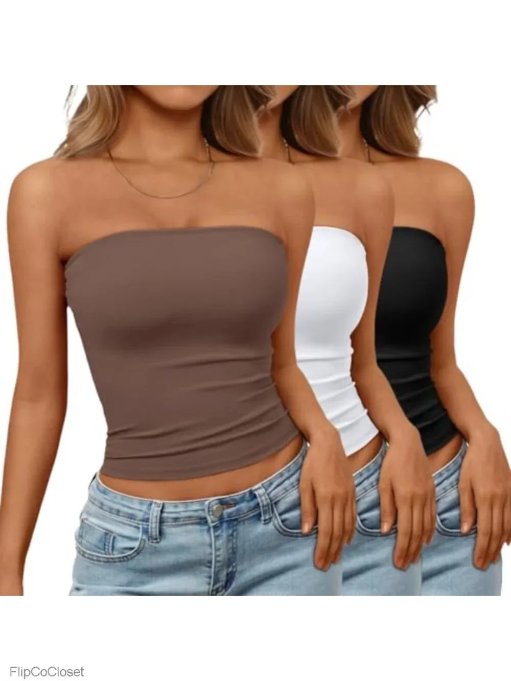 3 Pack Strapless Tube Tops Buttery-Soft Stretch Non-Slip Band Summer Crop Tops